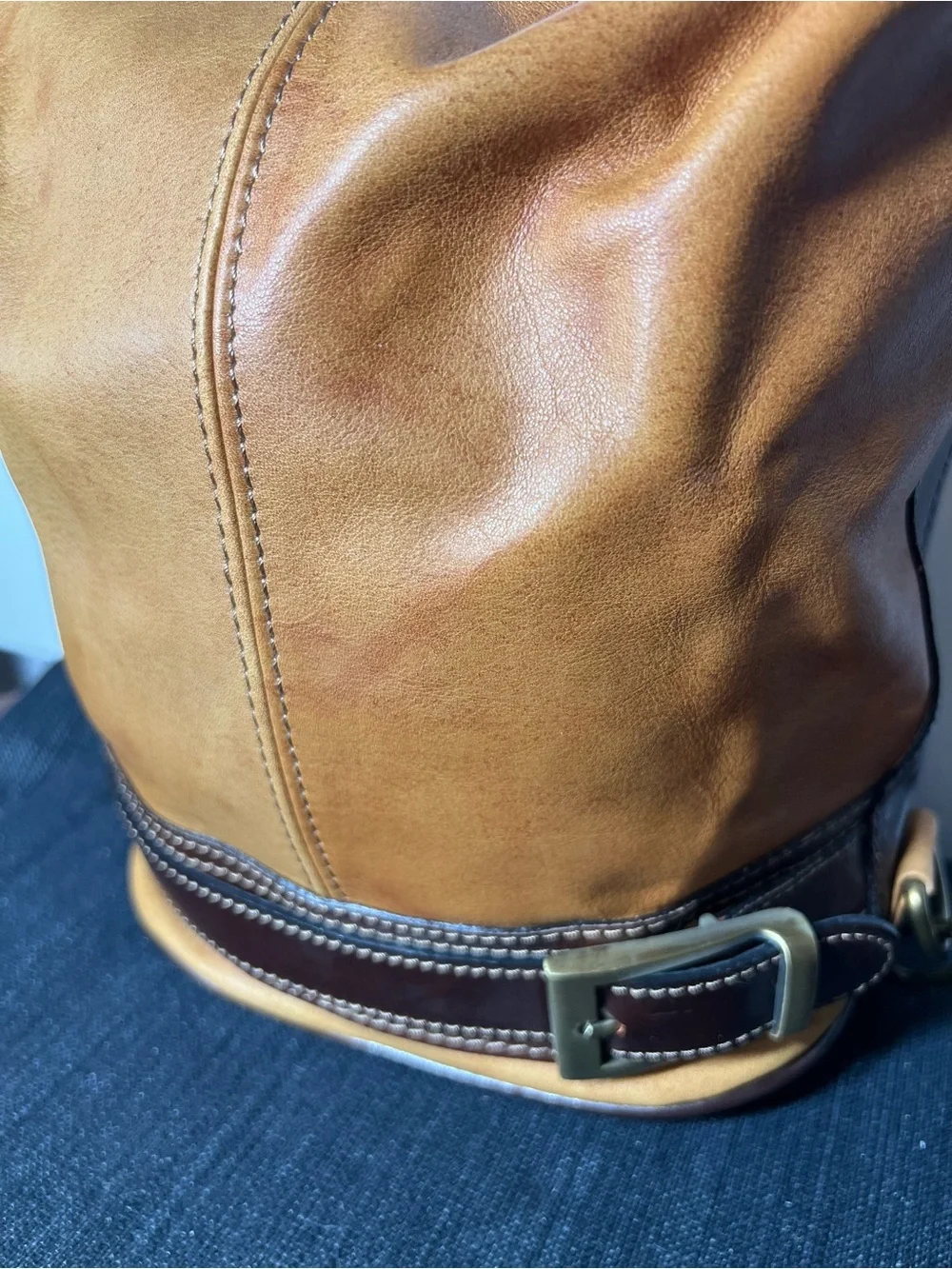 Genuine Italian Leather Bucket Shoulder Bag Brown Two Tone Italy